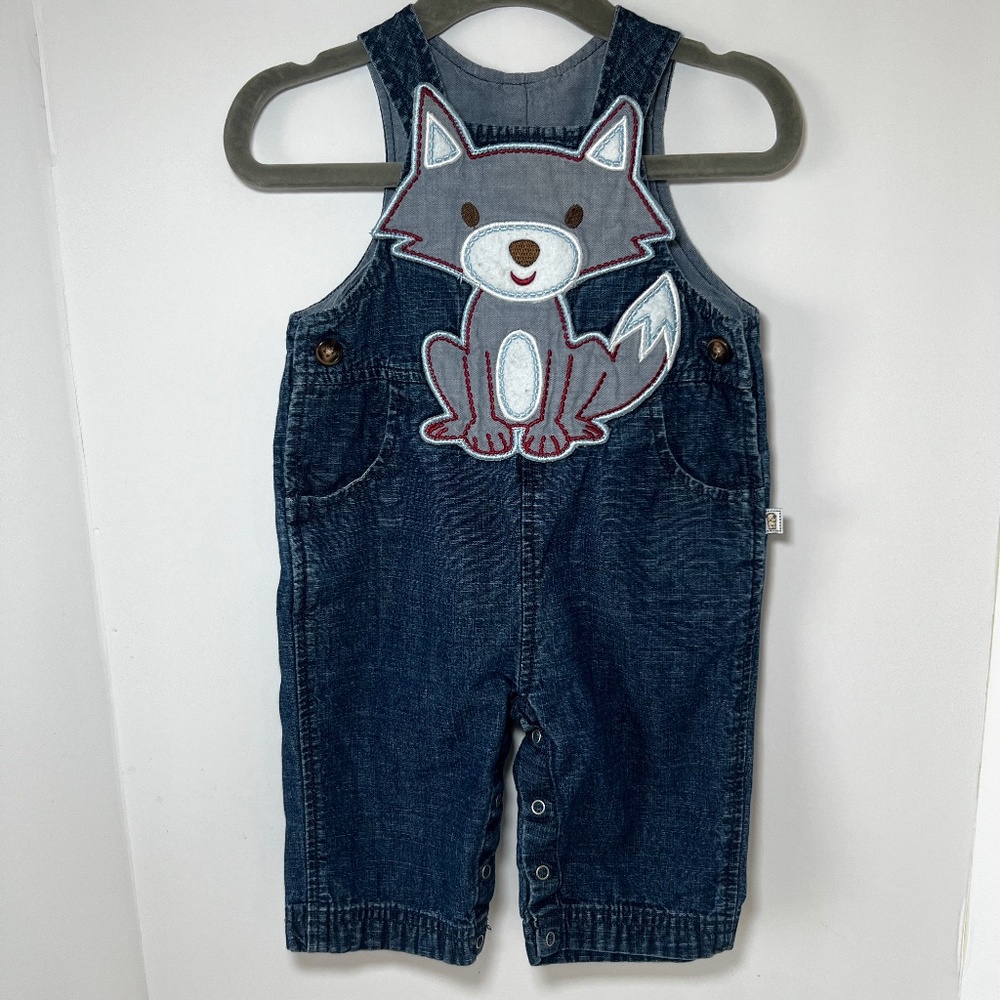 Old Navy Baby Boy Denim Wolf Overalls Vintage Y2K Dark Wash Nature Woodland